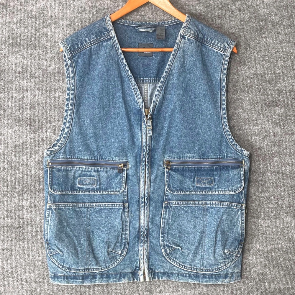 Lizwear Denim Utility Vest Mens Medium Blue Cotton Zip Cargo Fishing Gorpcore